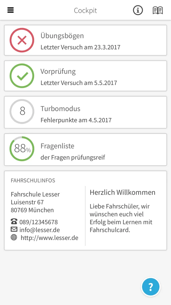 fahrschulcard App Screenshot – Home screen and study areas
